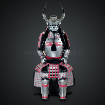 Sanada Masayuki Silver and Black Samurai Armor Tosei Gusoku Style Buffalo Horn Wakidate Circle Maedate Silver Scales with Red Cords